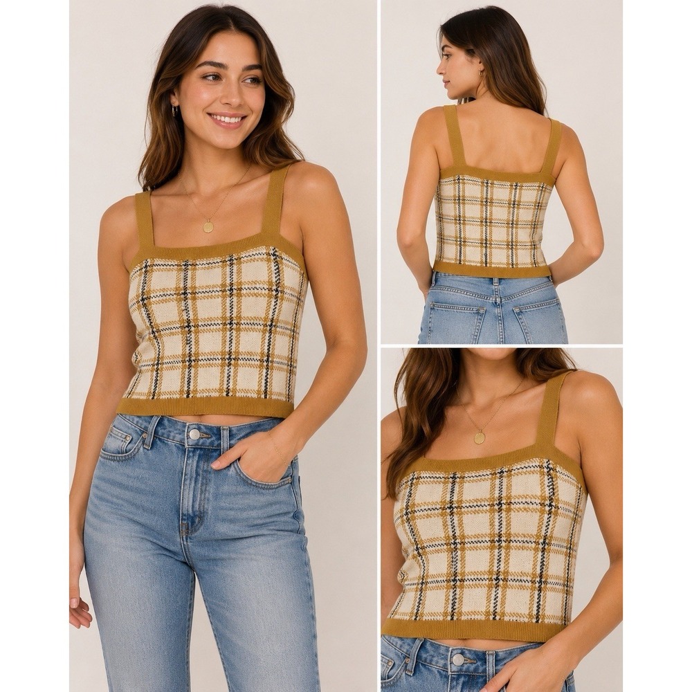 LOFT Outlet Plaid Knit Sweater Tank Top Small Mustard Cotton Preppy Cottagecore